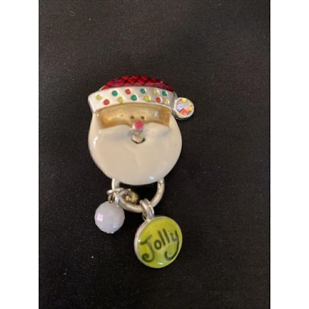 AJMC Signed Jolly Santa Brooch Silver Tone Bell Enameled Hat Beard Rhinestone